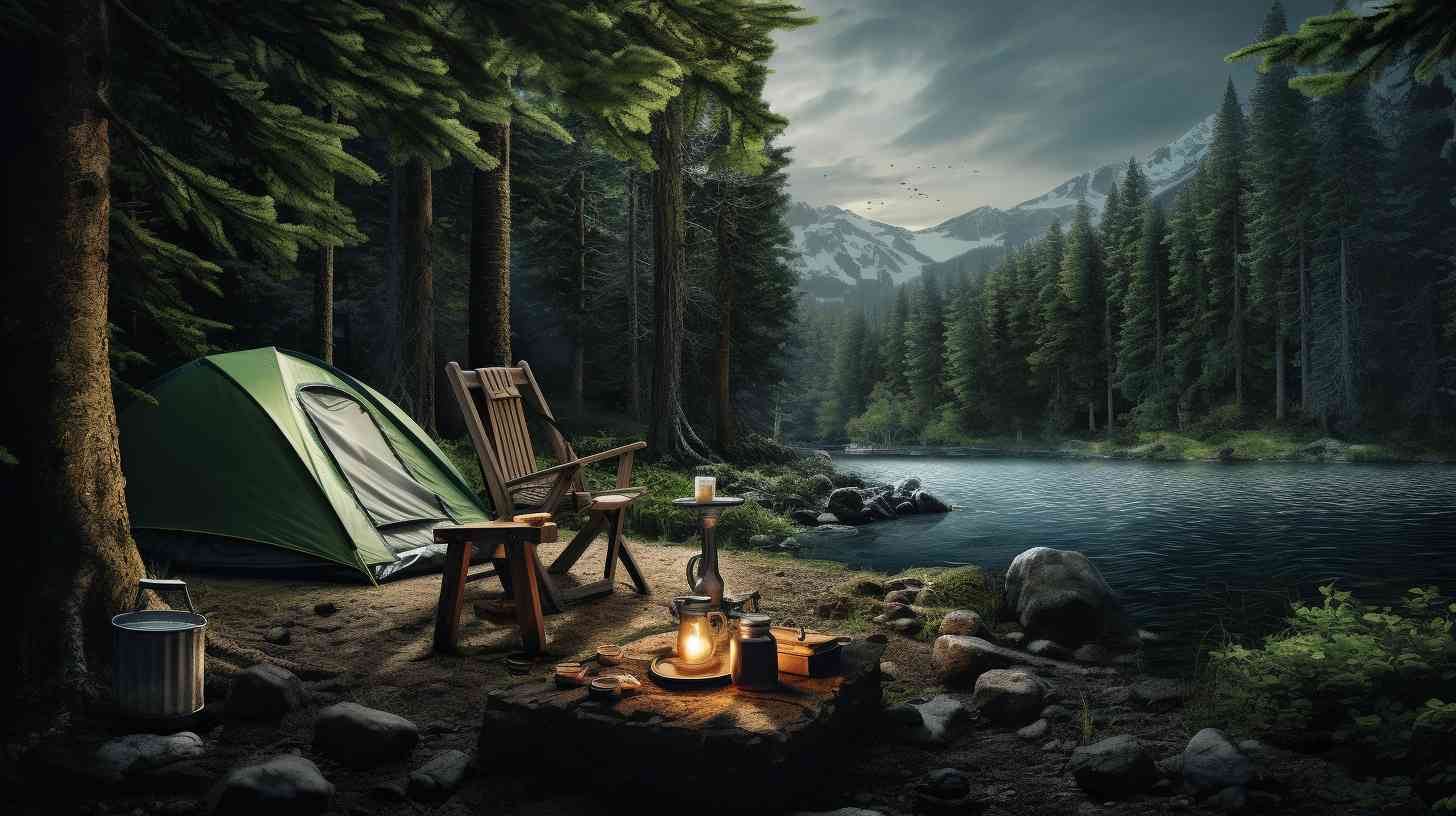 A serene campsite surrounded by lush greenery, with a camping chair holding a cold beer in one hand and a water bottle in the other, emphasizing the importance of balancing alcohol consumption with staying hydrated.