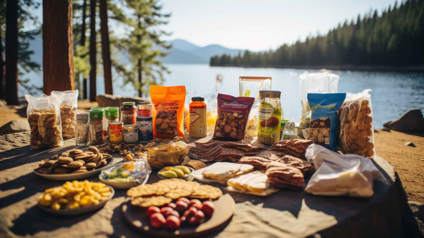 Assortment of convenient pre-packaged snacks for camping and pregnancy, including granola bars, dried fruits, trail mix, and individually wrapped healthy snacks, set against a picturesque camping backdrop.