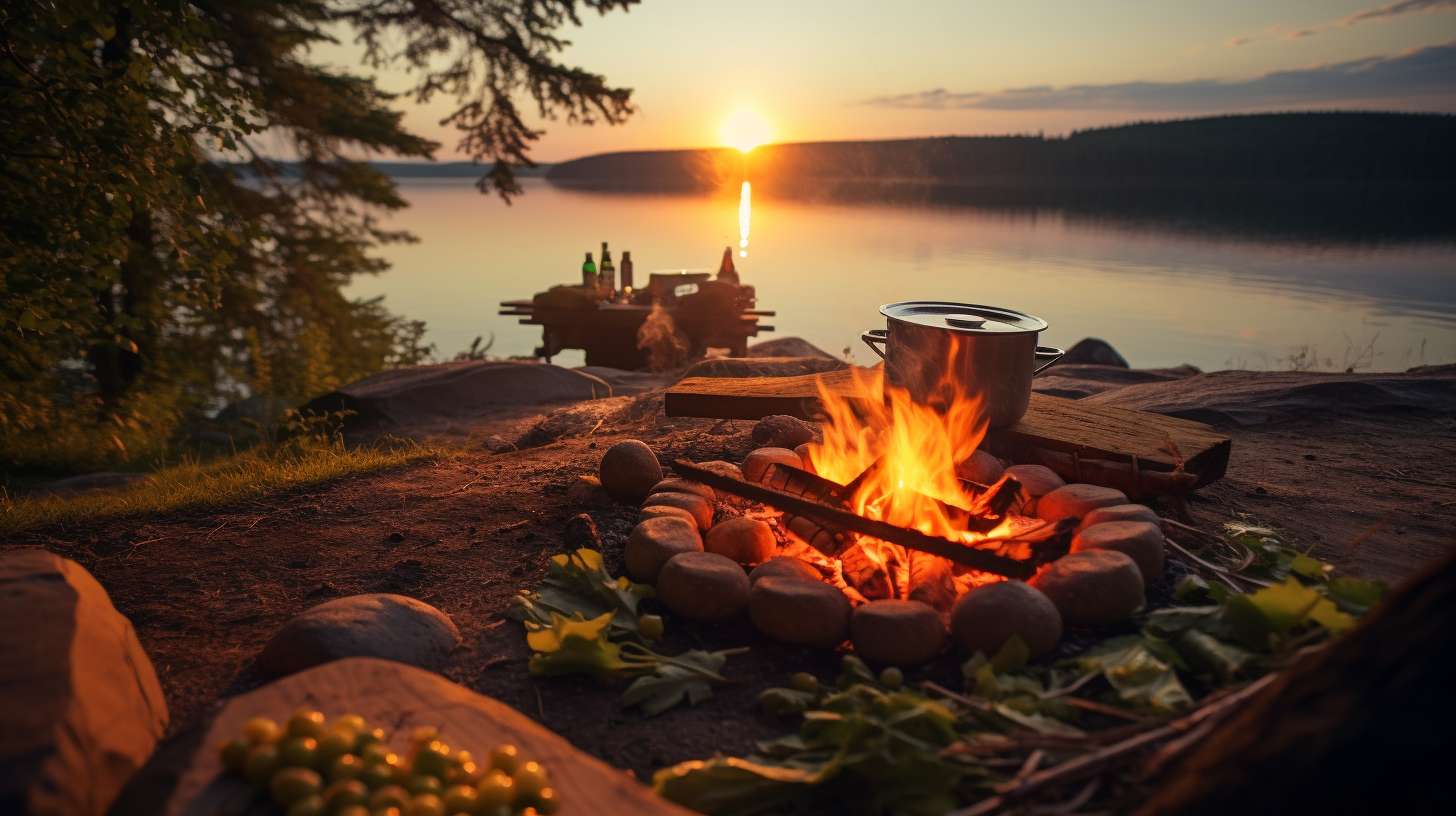 A serene campsite with a glowing campfire, surrounded by a variety of mouthwatering, well-balanced camping meals thoughtfully prepared for pregnant women.