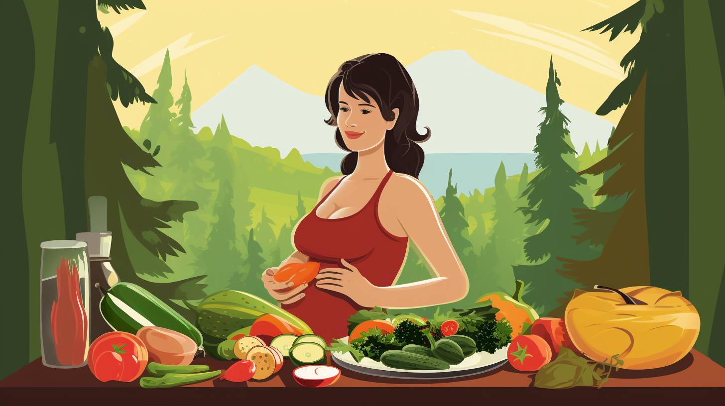 A serene pregnant camper sitting in a peaceful campsite surrounded by a variety of safe and nutritious camping foods, including fresh fruits, vegetables, and well-cooked meals, emphasizing the importance of a balanced diet during pregnancy.