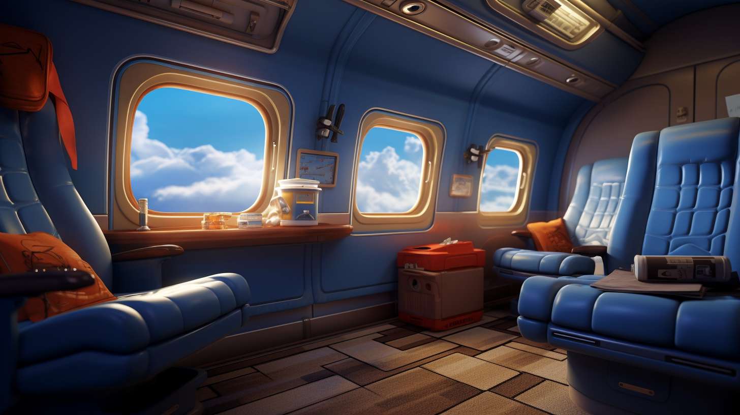 Serene airplane cabin with a No Camping Propane sign, showcasing the contrast between cozy interior and prohibited outdoor fuel.