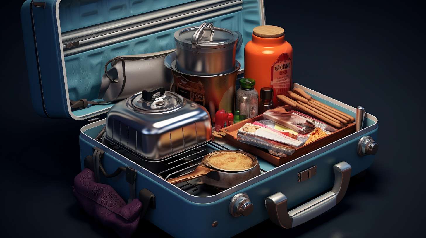 A neatly packed suitcase with a camping stove securely wrapped in protective material, surrounded by clothes and other items for safe transportation.