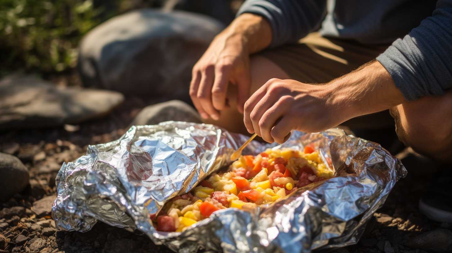 A person assembling breakfast burritos with eggs, bacon, cheese, and vegetables, tightly wrapping them in foil before placing them in a freezer bag.