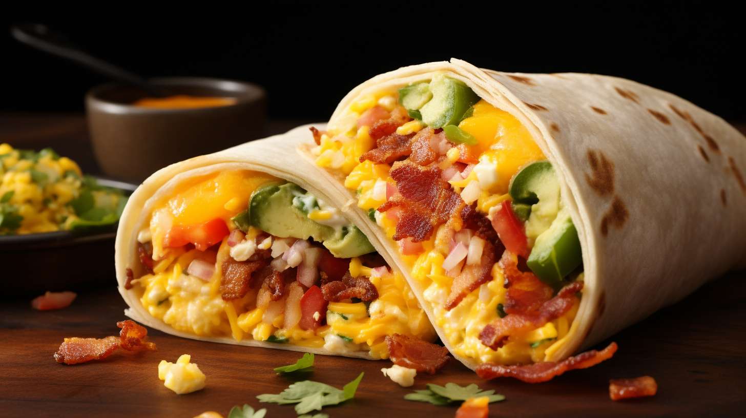 Mouthwatering breakfast burritos filled with fluffy scrambled eggs, sizzling bacon, melted cheese, vibrant bell peppers, and zesty salsa, all perfectly wrapped in a warm tortilla.