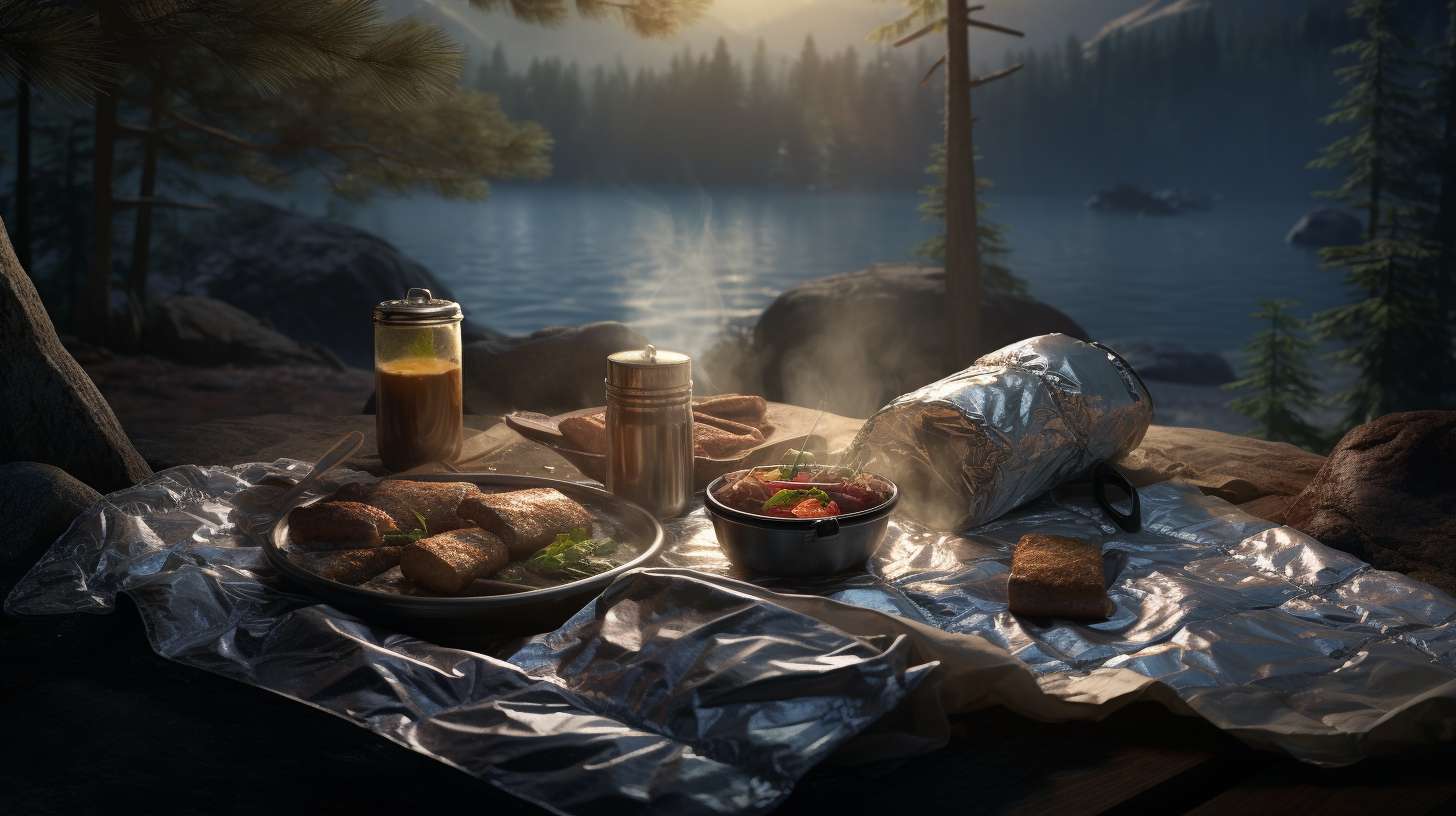 A serene campsite scene at dawn with a cooler filled with neatly frozen breakfast burritos wrapped in foil, surrounded by ice packs, ready to be enjoyed amidst the tranquility of nature.