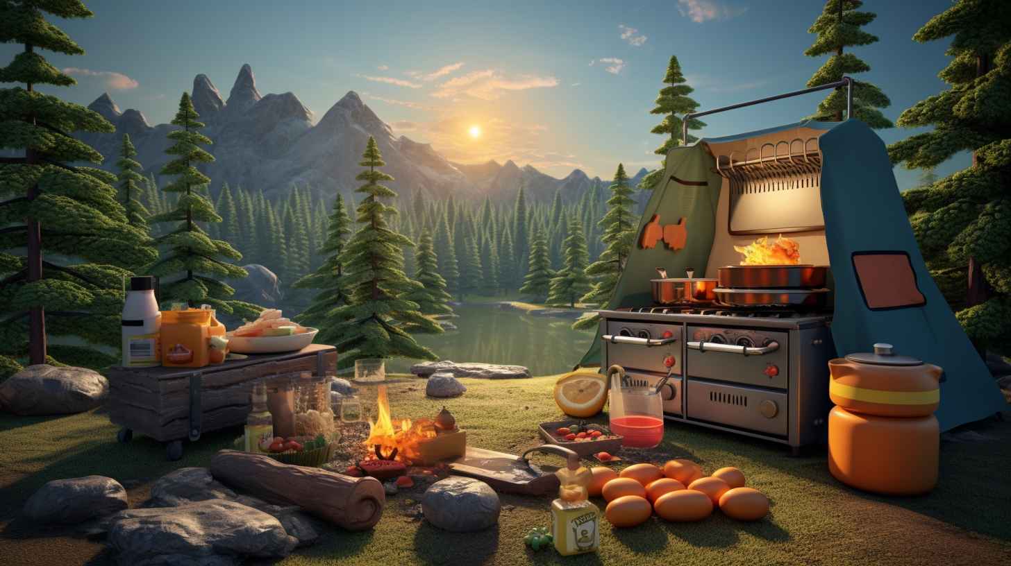 A rugged campsite surrounded by towering pine trees. A portable cooler is nestled among camping gear, containing frozen eggs neatly packed in a sealed container, preserving freshness for delightful campfire breakfasts.