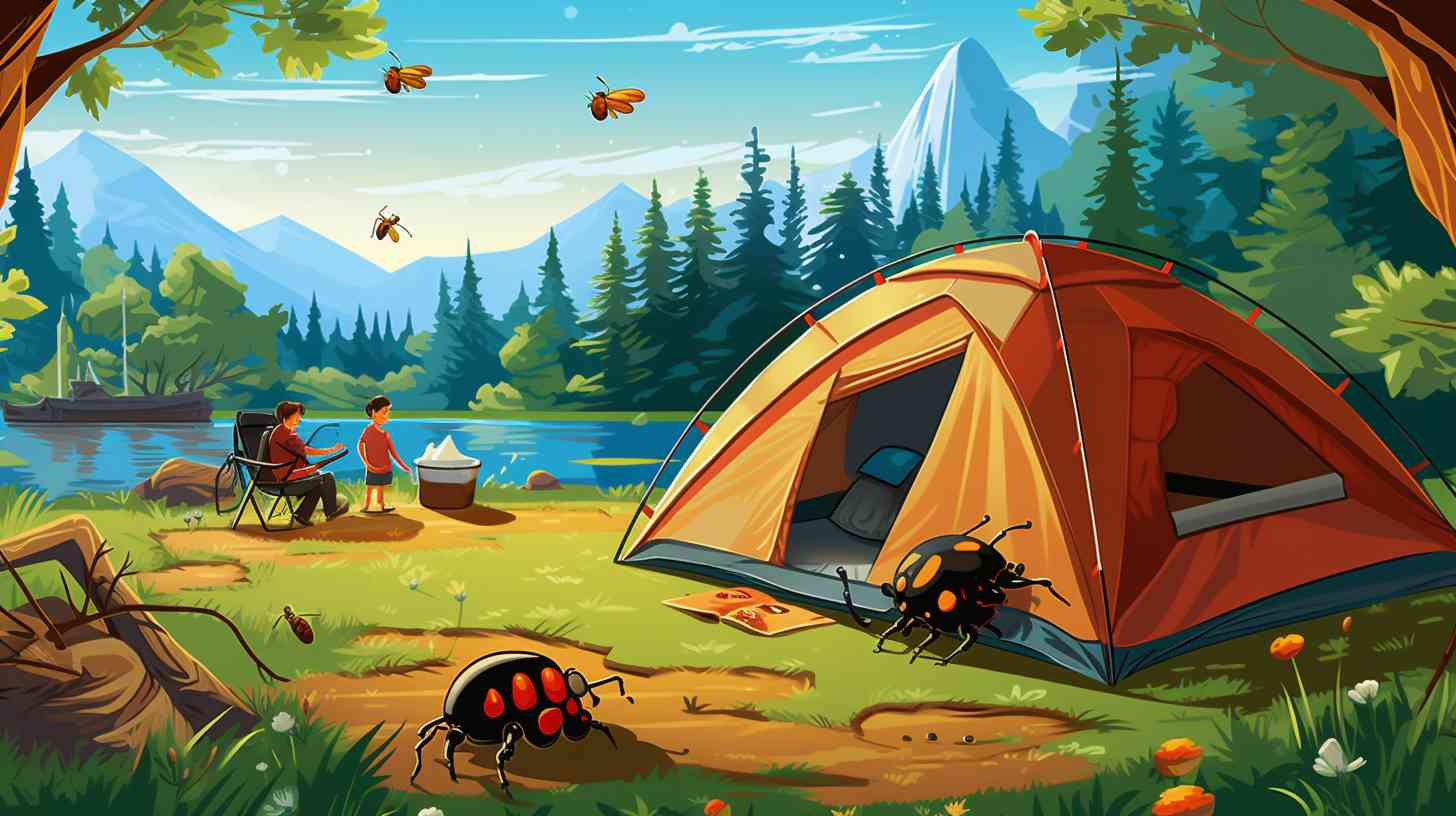 A happy family setting up a clean and bug-free campsite in a beautiful natural landscape, while using protective gear and inspecting their camping gear carefully to avoid any potential bedbug infestations.