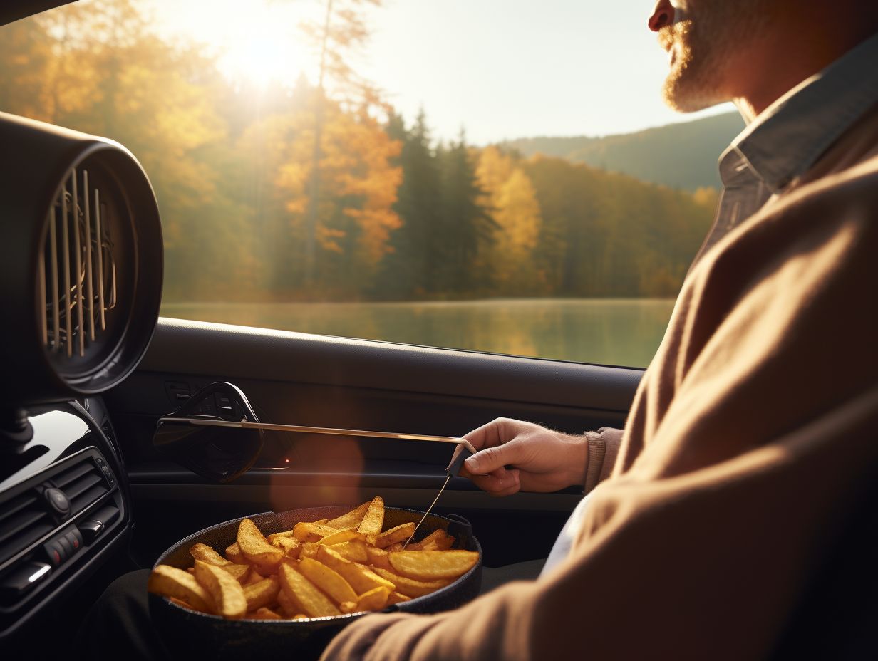 Person cooking crispy fries in a car using a 12-volt air fryer, enjoying a scenic view through the car window.