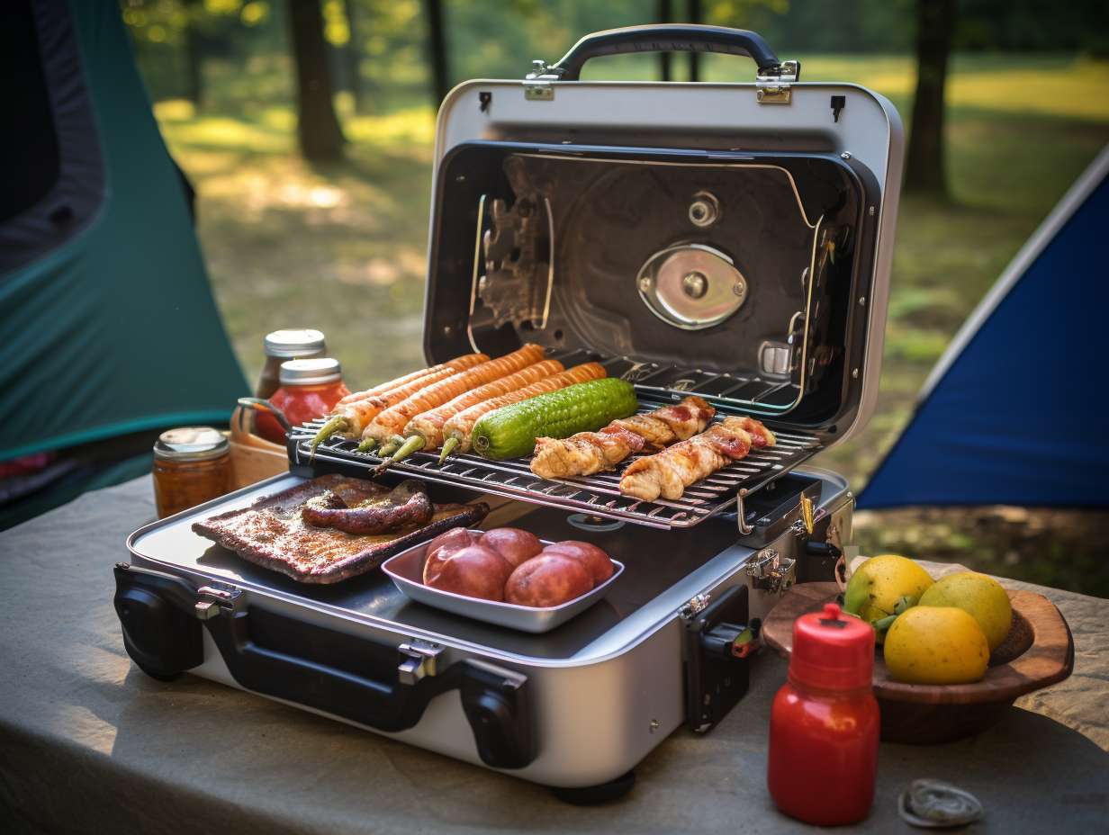 A variety of alternative portable cooking options including a compact propane grill, a portable induction cooktop, a solar-powered oven, and a camping stove.