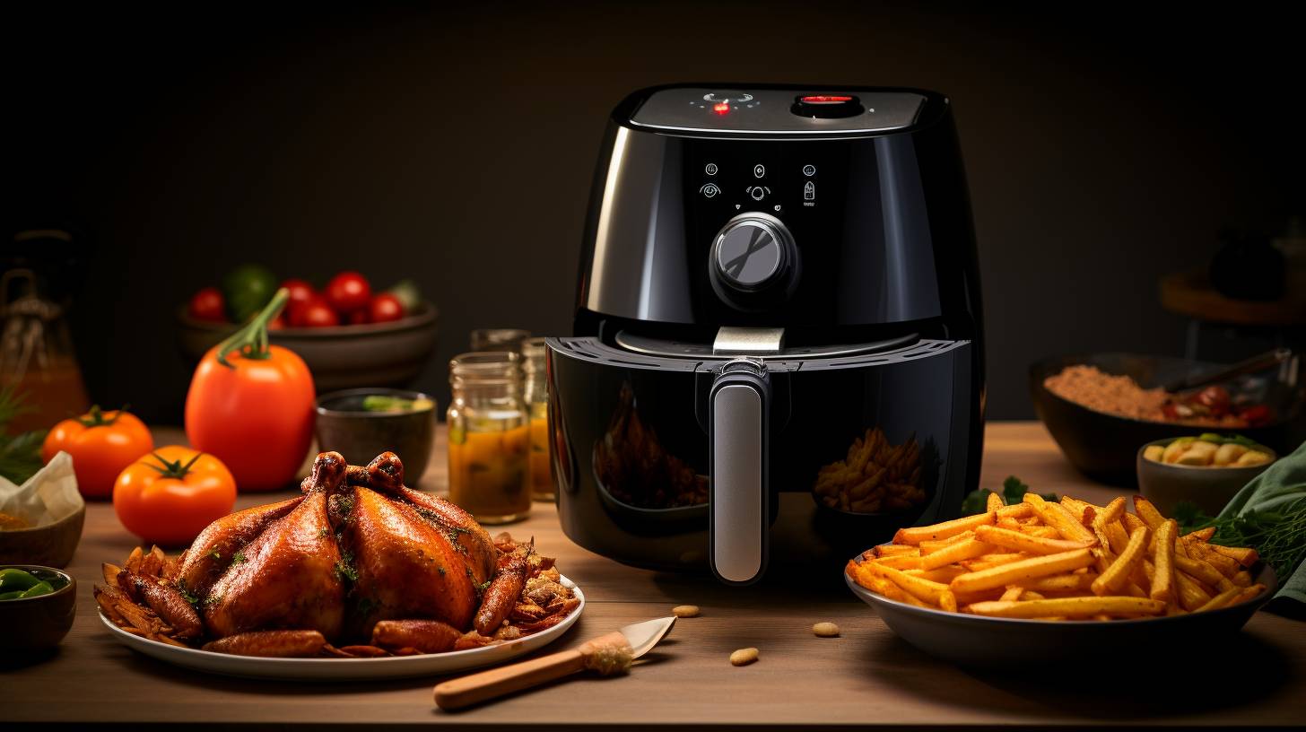 A sleek and compact 12-volt air fryer in vibrant colors, emitting a tantalizing aroma of crispy fries, golden chicken wings, and perfectly grilled vegetables, showcasing the top options available on the market.