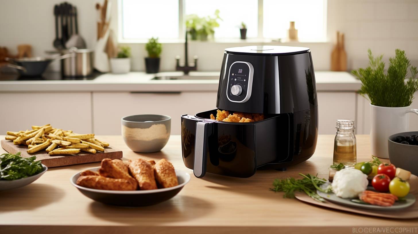 A sleek and modern kitchen countertop with a prominently displayed air fryer connected to a 12-volt power source, highlighting the convenience of owning a portable 12-volt air fryer.