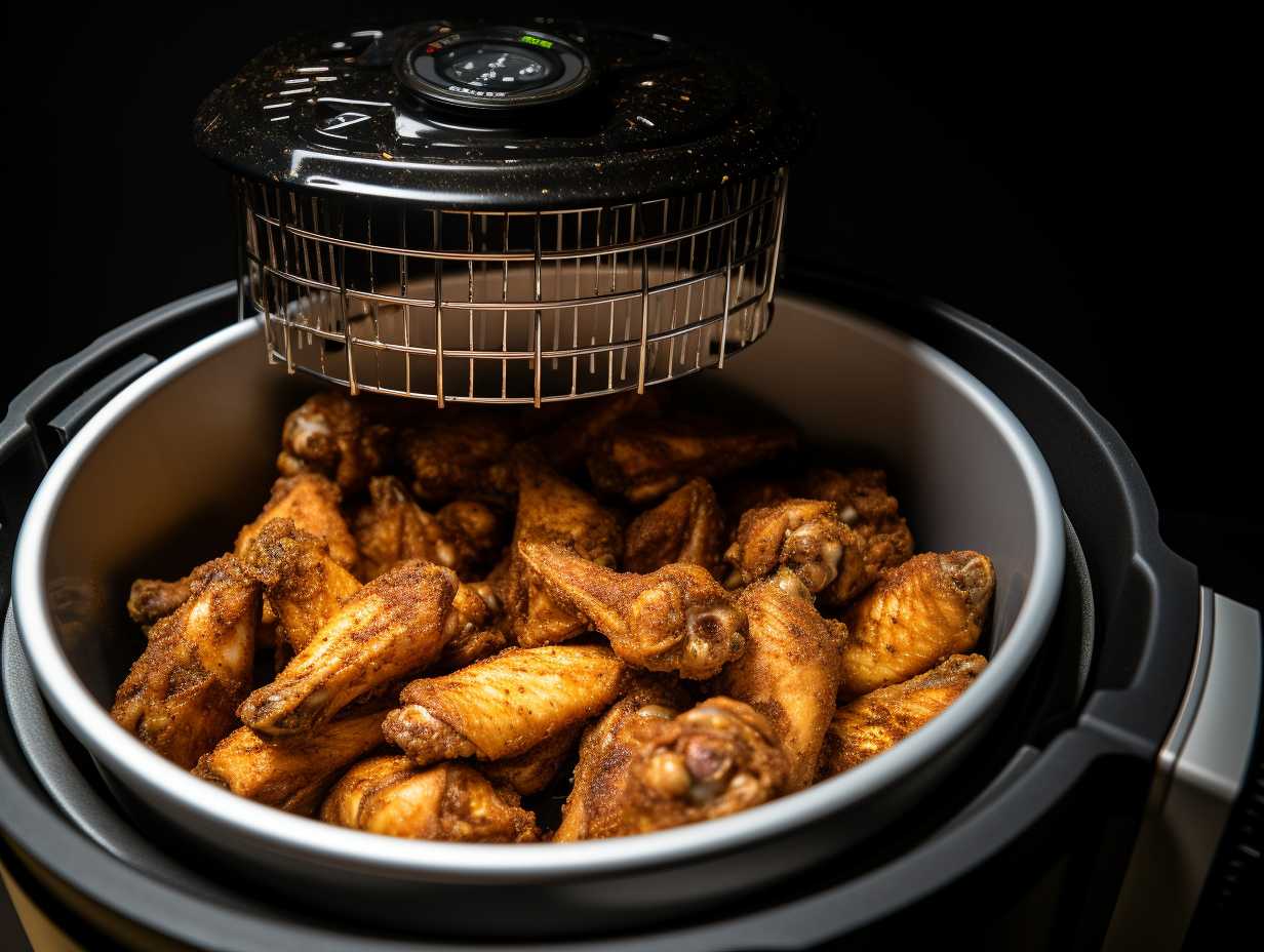 A delicious batch of golden and mouthwatering air-fried chicken wings emerging from an 8qt Instant Pot with an Air Fryer Lid.