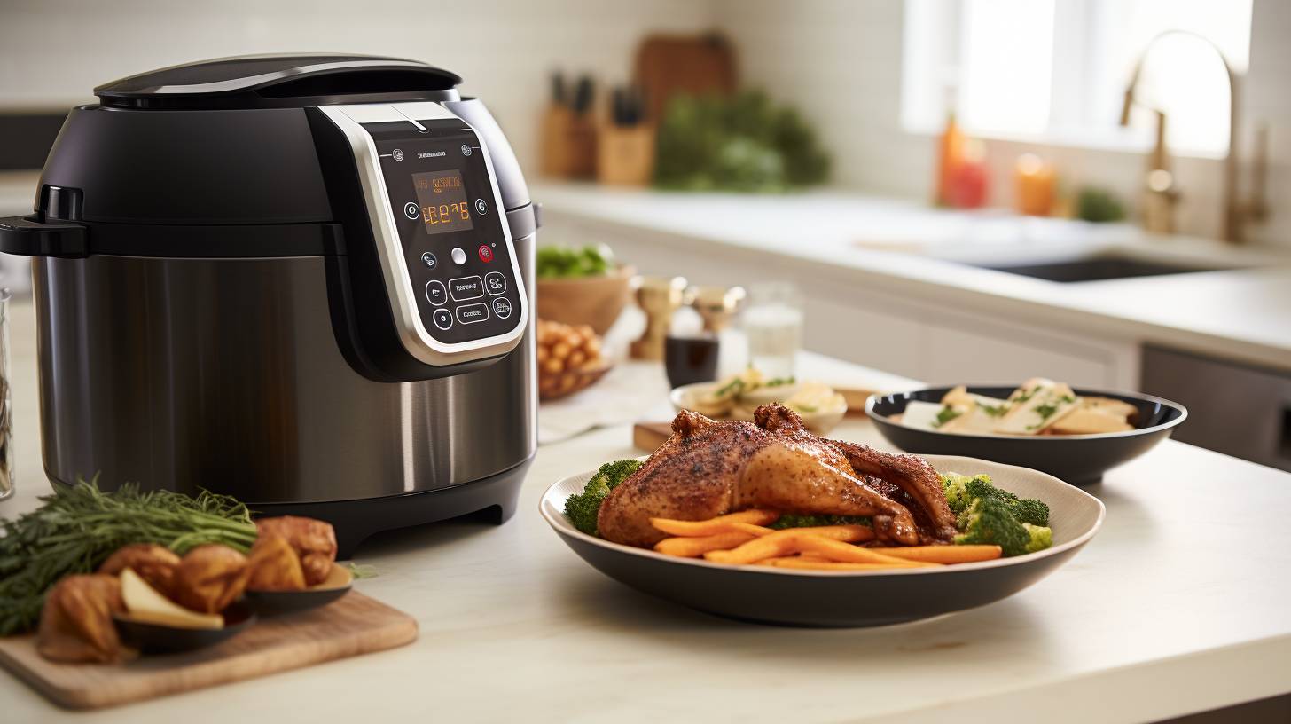 A sleek 8qt Instant Pot with a detachable air fryer lid. The lid features a digital control panel, stainless steel finish, and a transparent viewing window for crispy and healthy meals.