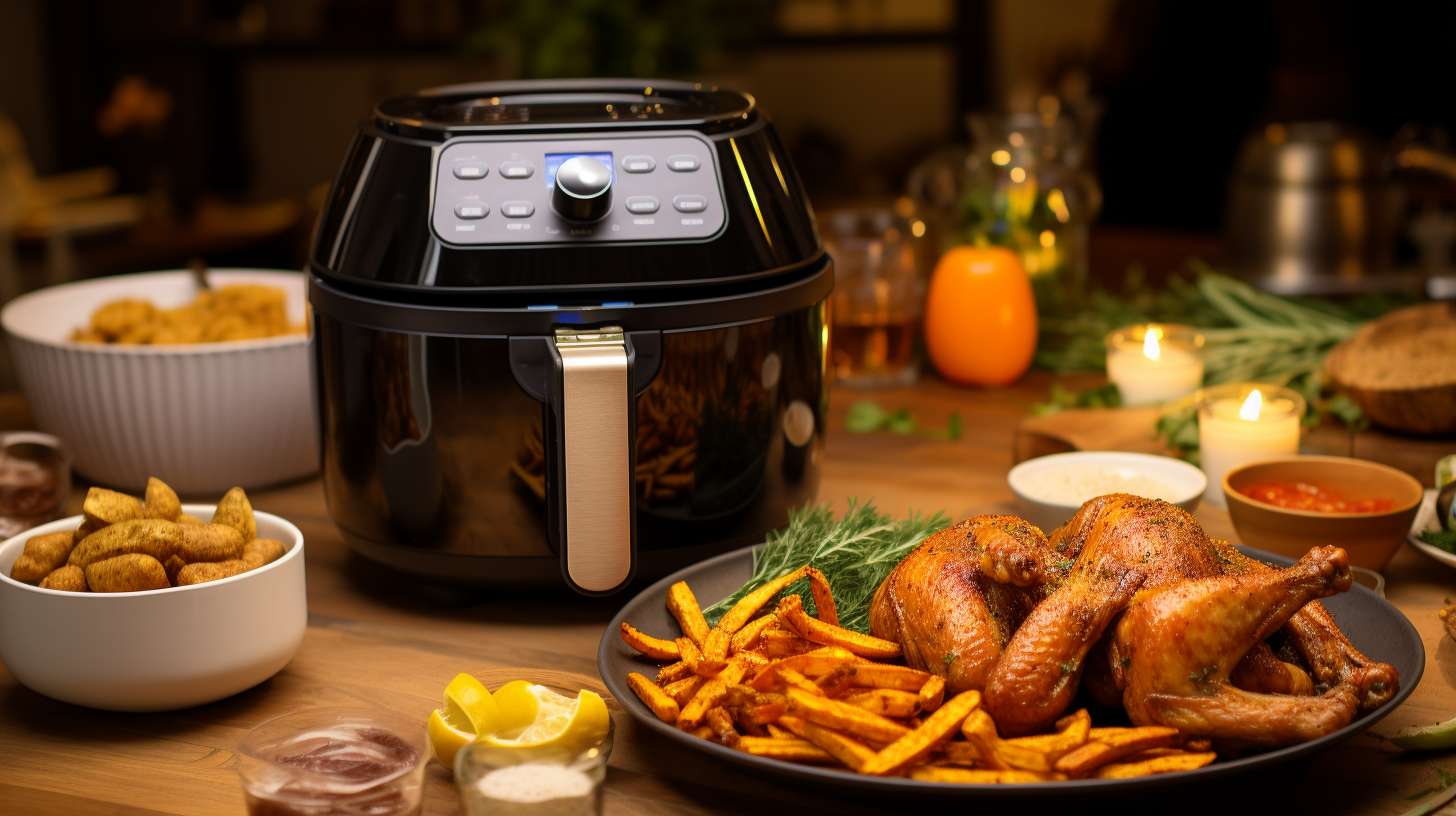A delicious assortment of golden-brown crispy fries, juicy chicken wings, and perfectly roasted vegetables prepared using an 8qt Instant Pot fitted with an air fryer lid.