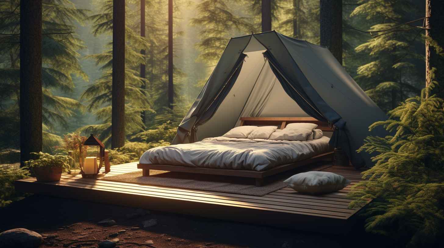 A cozy camping tent nestled amidst a serene forest, with a comfortable camping mattress elevated on a sturdy camping cot. The image showcases a compact portable CPAP machine and a solar-powered charger, highlighting the importance of choosing the right camping equipment for sleep apnea.