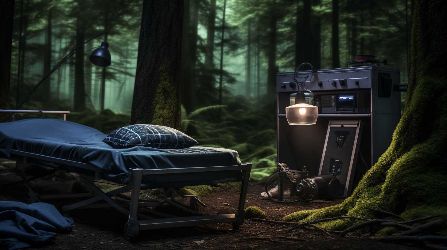 A peaceful campsite nestled in a dense forest, with a well-equipped first aid kit prominently displayed. Nearby, a sleeping bag with a CPAP machine plugged into a portable power source.