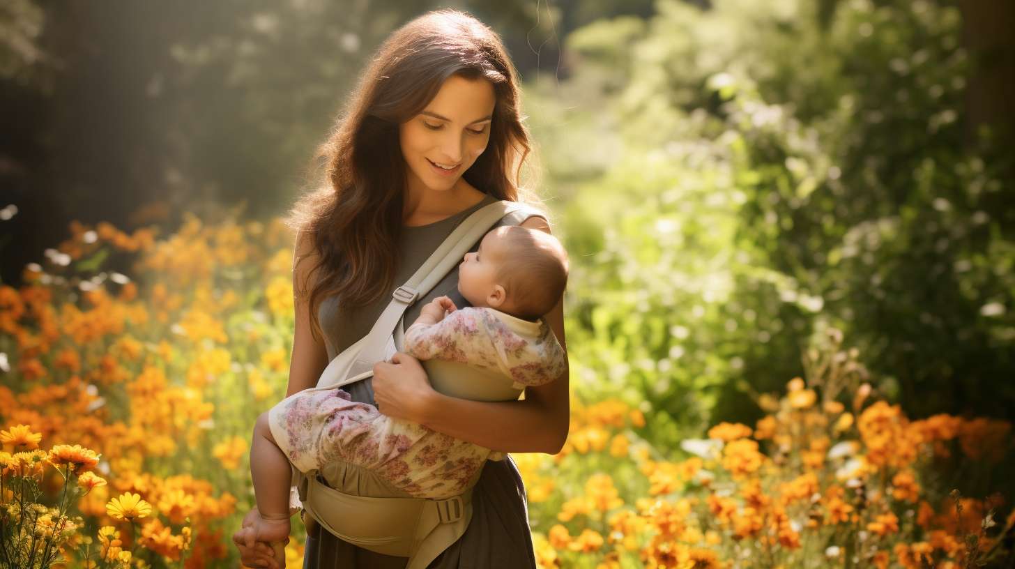 A serene image of a baby nestled against a parent's chest in a cozy carrier, exploring a shaded hiking trail surrounded by towering trees, dappled sunlight, and vibrant wildflowers, evoking a sense of adventure and tranquility.