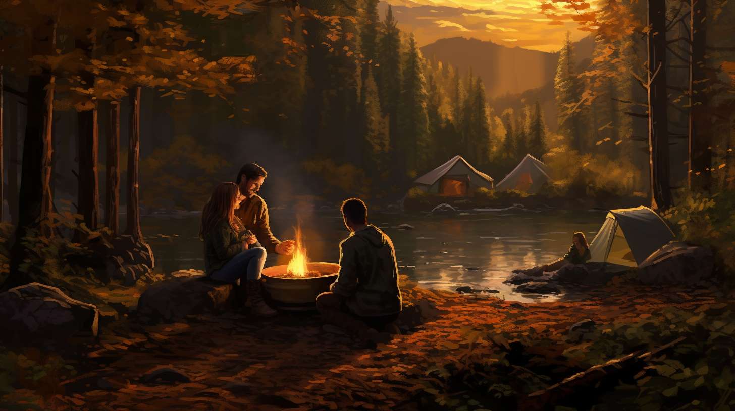 A young family enjoying a peaceful campfire in a lush forest, with their sleeping baby in a cozy tent nearby.