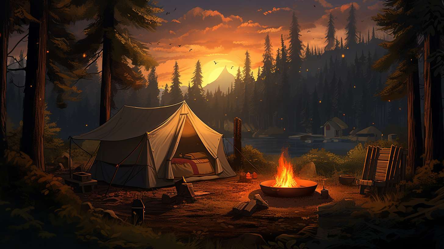 A serene forest campsite at dusk, with a cozy tent nestled amidst towering trees. A family is relaxing by the campfire, with their 3-month-old peacefully nestled in a portable bassinet.