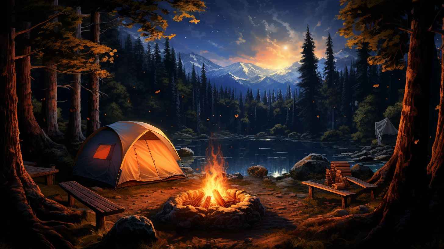 A serene campsite nestled among towering pine trees, with a cozy tent illuminated from within. A person peacefully sleeps inside, wearing a CPAP mask, while the soothing glow of a campfire lights up the scene.