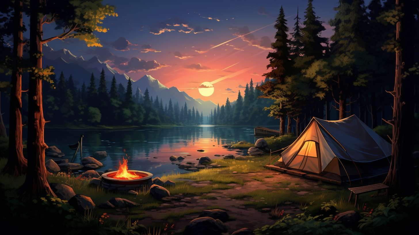 A serene campsite surrounded by lush green trees and a sparkling lake. A cozy tent is illuminated by a warm campfire, while a camper peacefully uses their CPAP machine, highlighting the possibility of camping with CPAP.