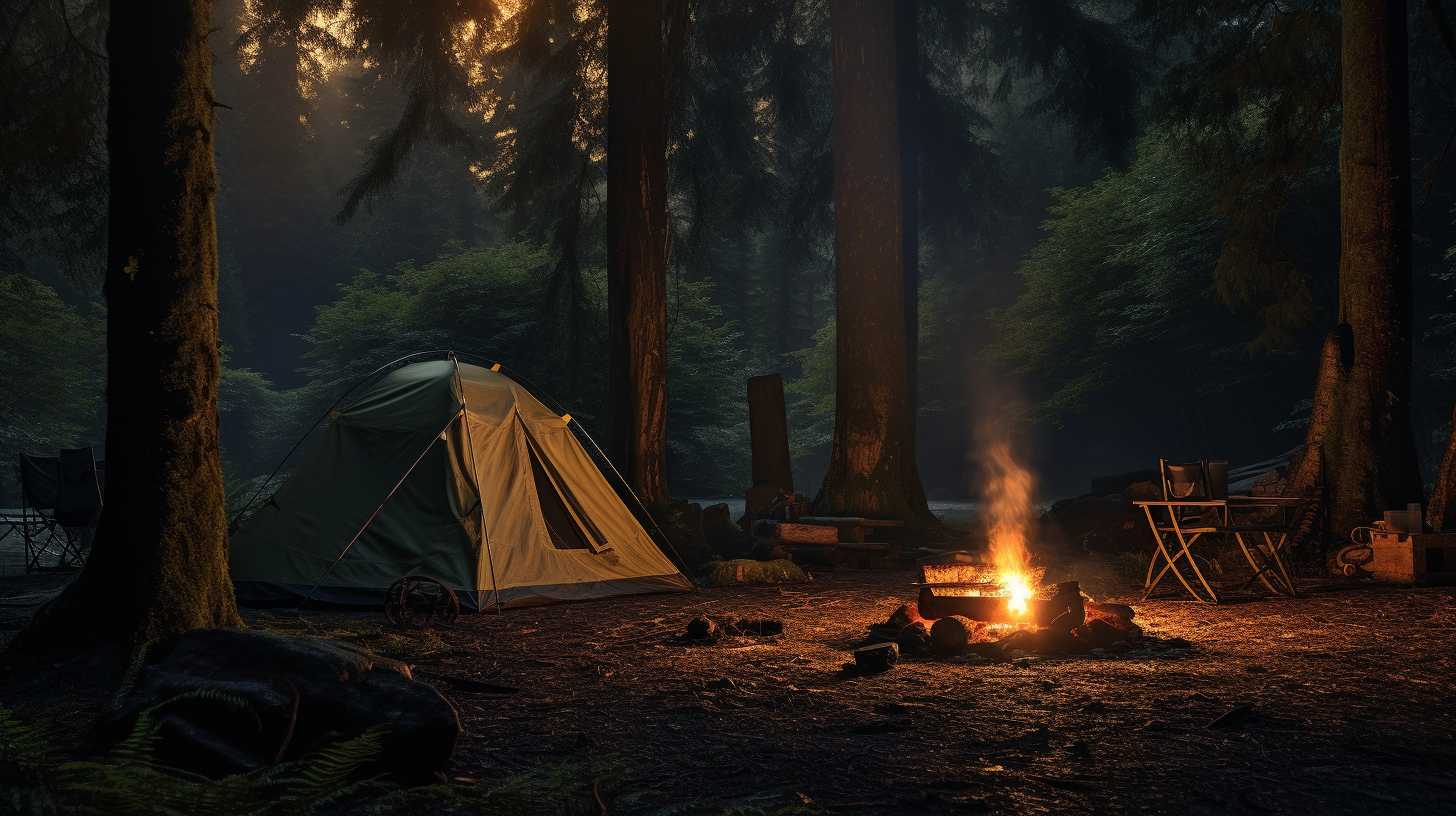 A serene campsite nestled in a lush forest, with a tent pitched near a flickering campfire. A rifle leans against a tree, casting a shadow as a testament to the debate