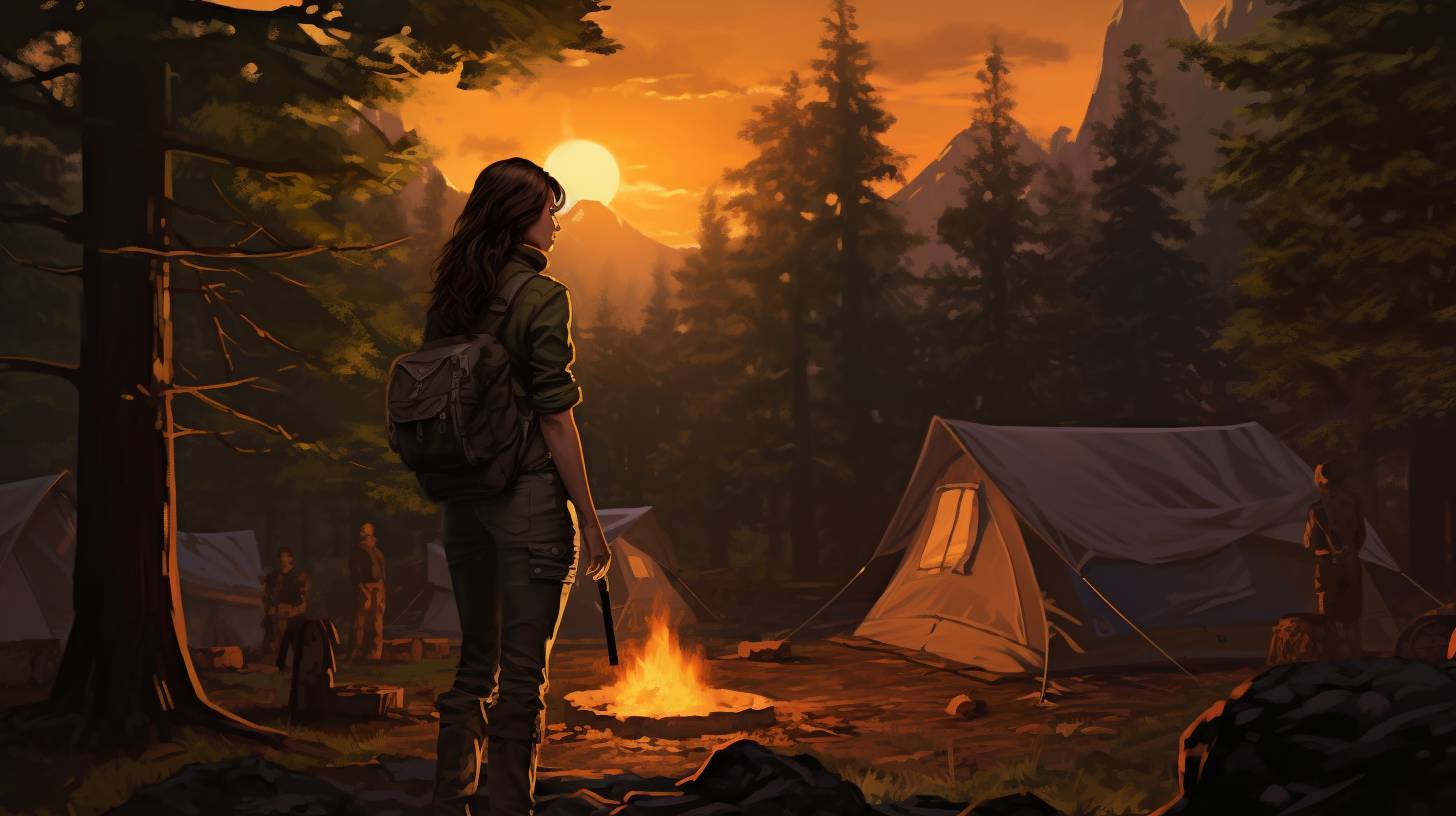 A serene campsite nestled among towering trees, with a rugged backpacker confidently carrying a holstered firearm.