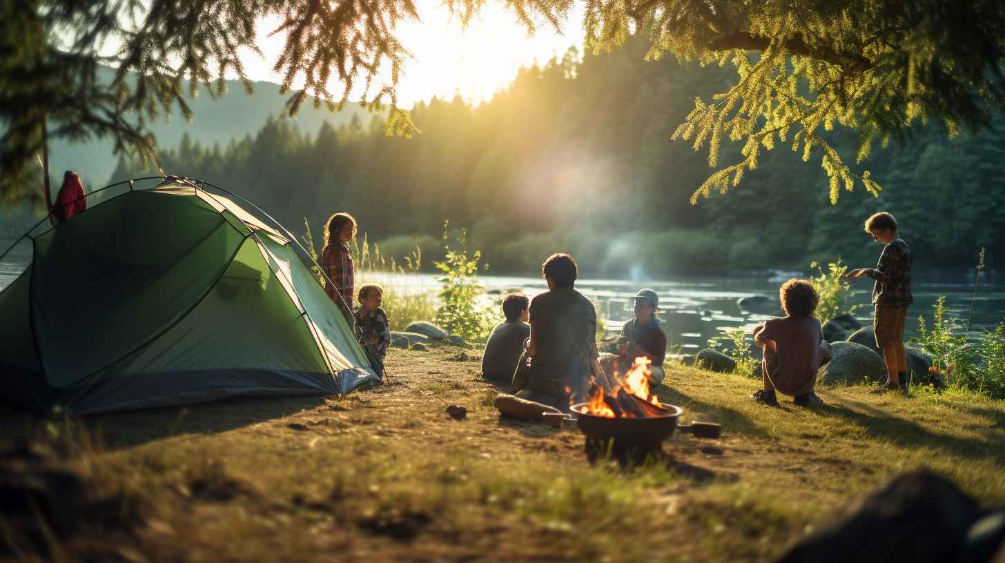 Young campers exploring nature, setting up a tent, and cooking a meal without adult supervision.