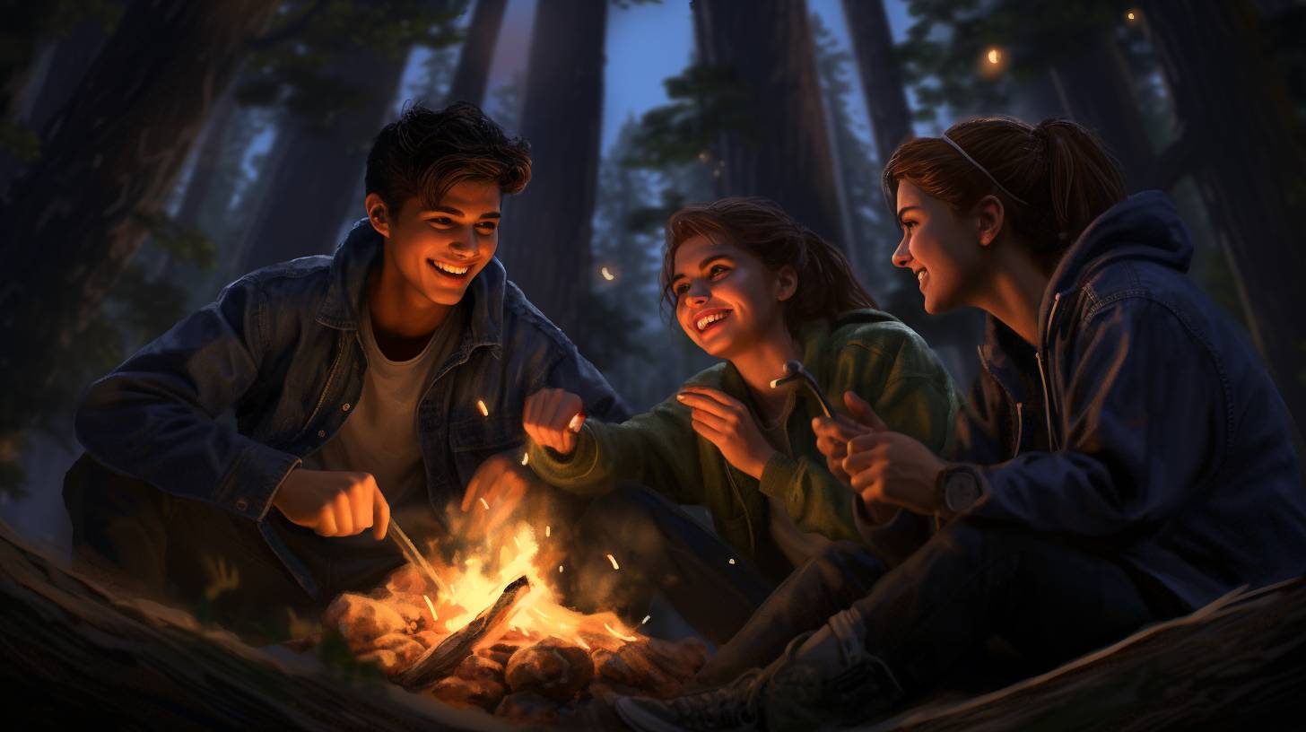 Three diverse teenagers laughing around a campfire in a serene forest, with a distant adult figure emphasizing age requirements and guidelines in a youthful camping adventure.