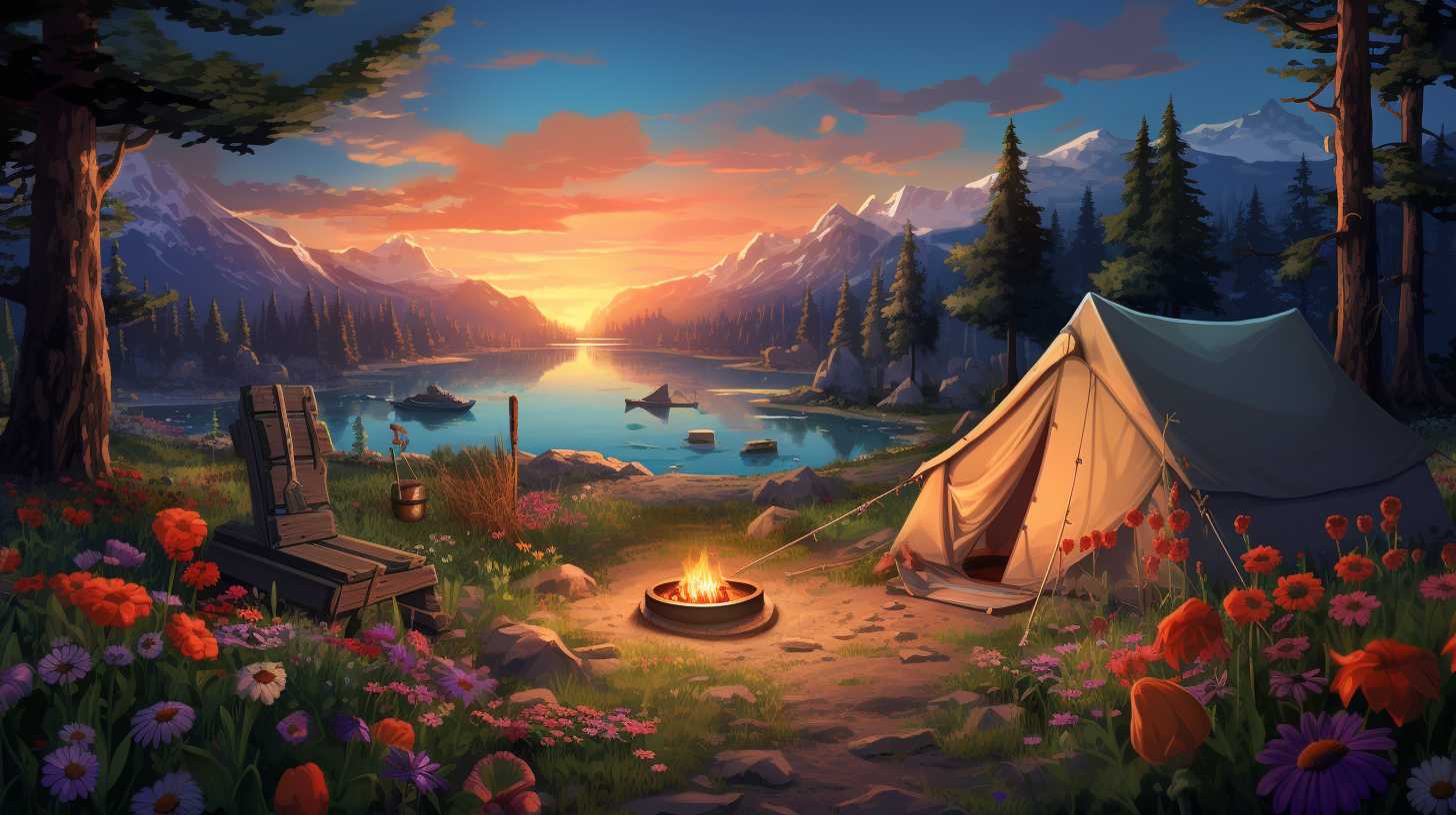 A serene campsite nestled in a lush forest, with colorful wildflowers blooming around a crackling campfire under clear starry skies. A cozy tent is illuminated by the warm glow of lanterns.