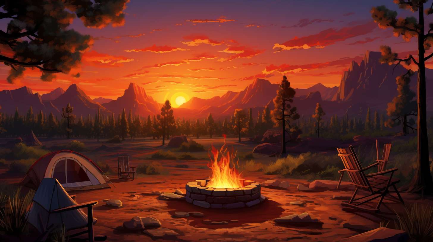 A serene Arizona camping scene with a mesmerizing sunset backdrop illuminating a designated fire pit adorned with a safety sign displaying the required campfire permits and restrictions.