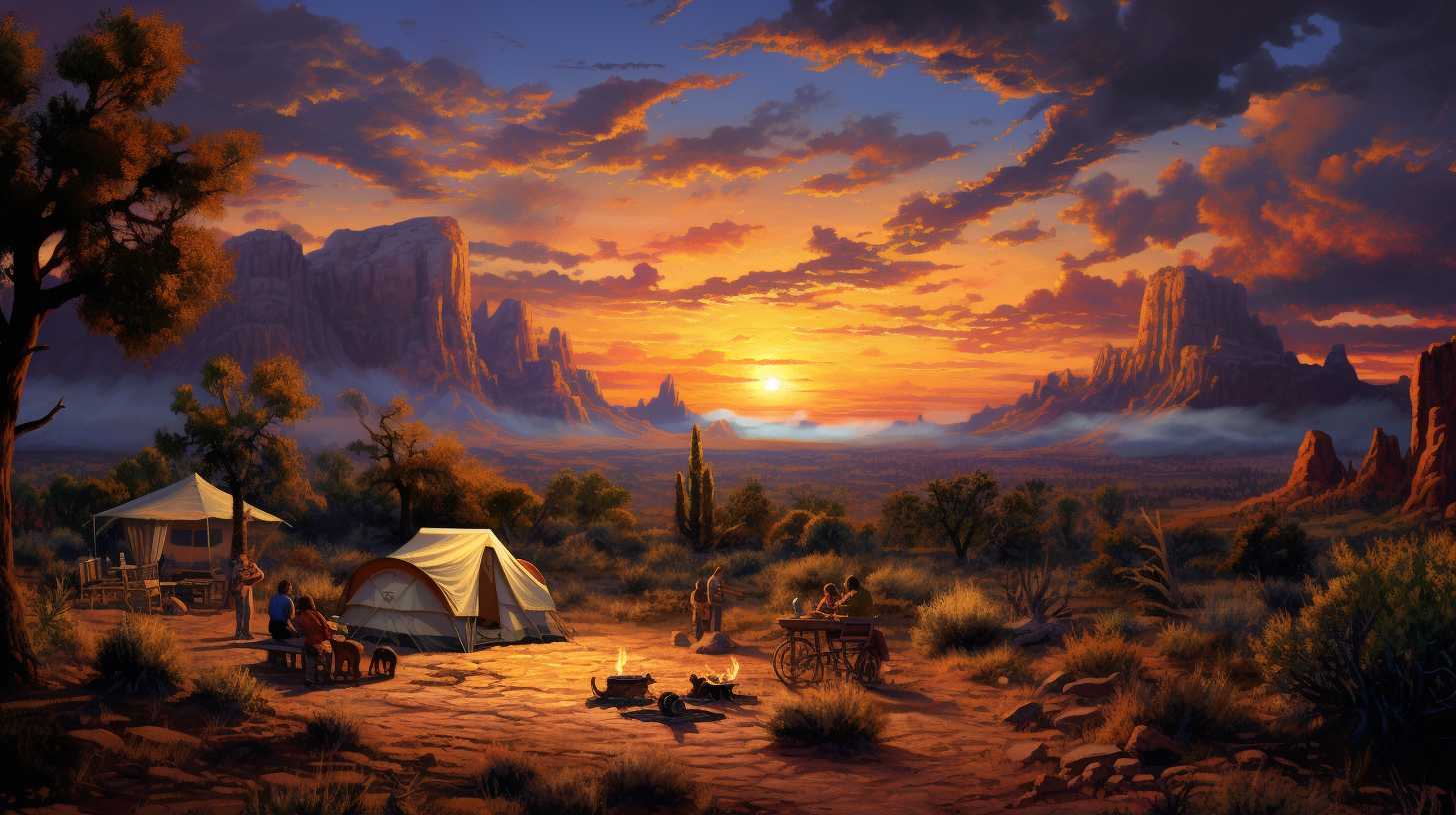 Campers enjoying a warm meal around a portable propane stove as the sun sets over the majestic desert landscape in Arizona.