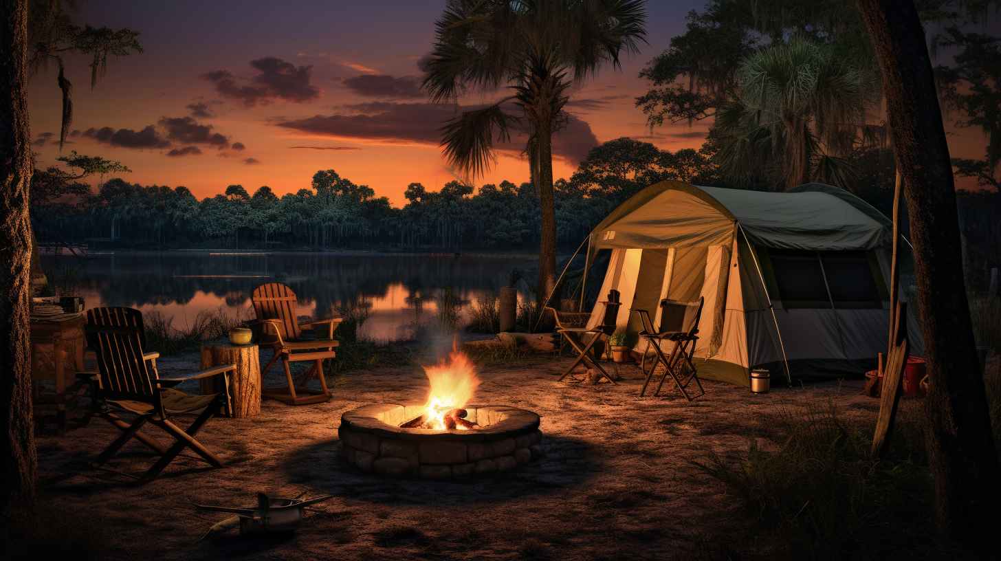 A serene Florida campsite at dusk with a flickering campfire surrounded by outdoor gear, including a camouflaged gun case leaning against a tree.