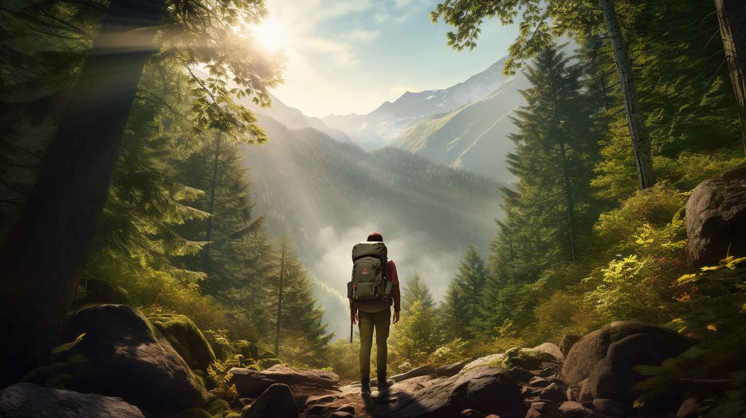 A hiker trekking through lush Appalachian forests, with sunlight filtering through towering trees and illuminating a distant mountain peak.