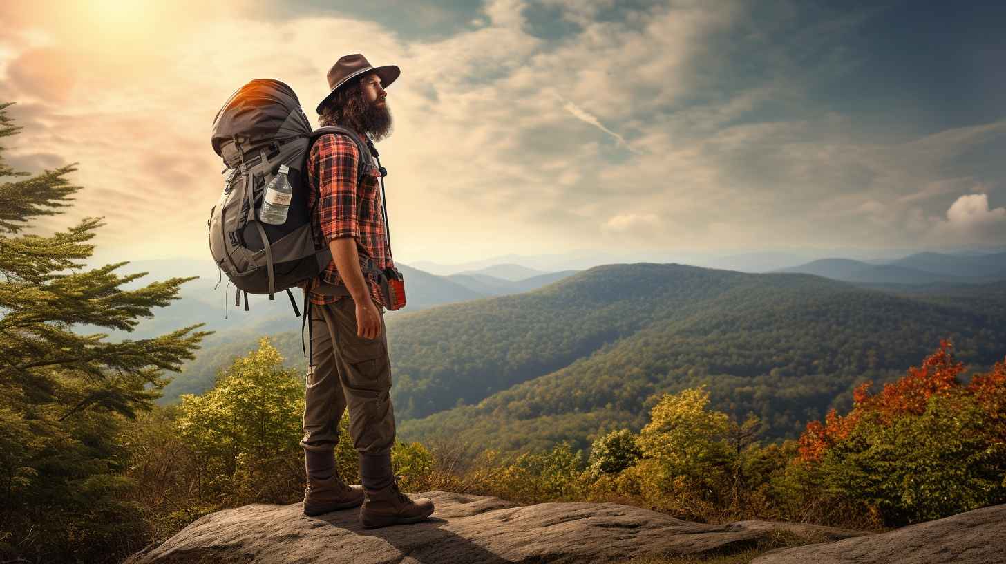 A hiker on the Appalachian Trail wearing sturdy hiking boots, a lightweight backpack, a sun hat, and carrying a water bottle.