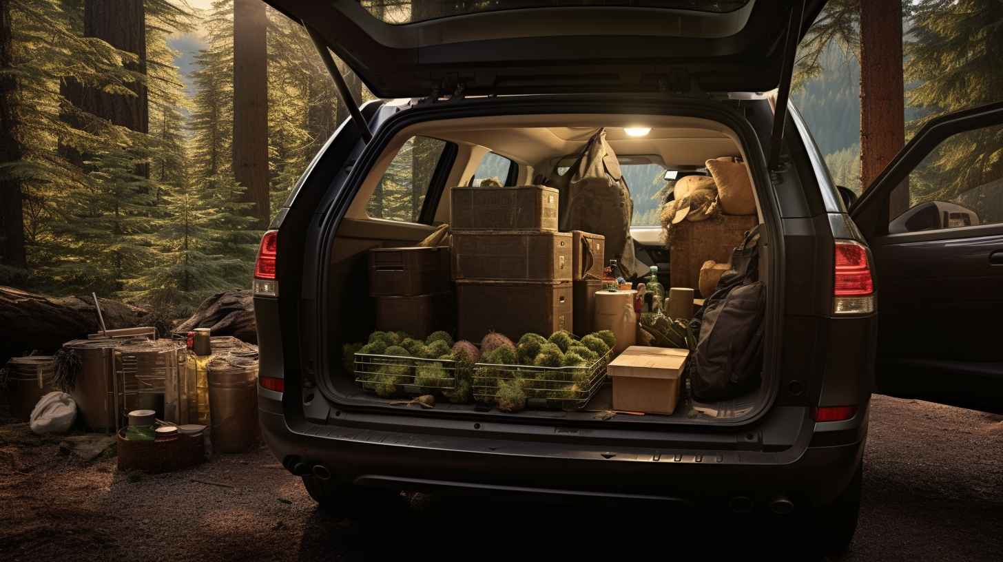 A locked car trunk surrounded by a sturdy bear-proof container, labeled Food Only and Trash Only, with hanging bear bags in a serene forest backdrop.