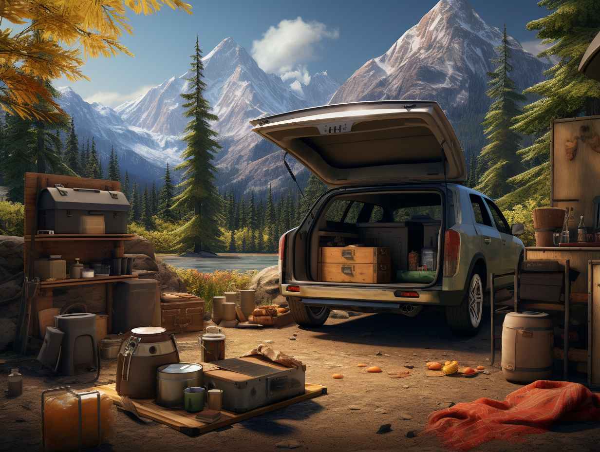 A picturesque campsite in a rugged wilderness setting, with a car trunk open revealing neatly packed coolers and food containers.