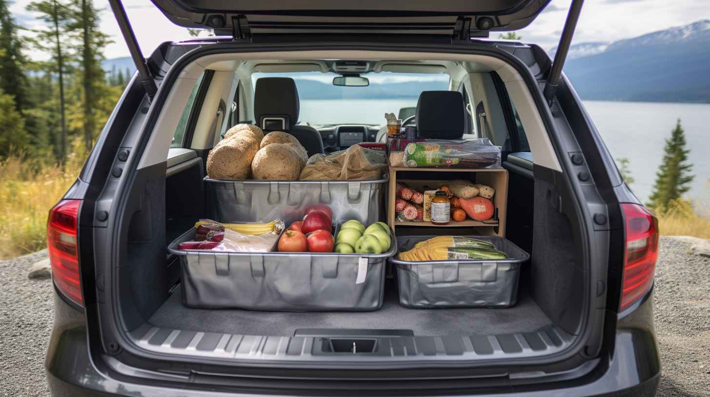 A well-organized car trunk with a high-quality cooler packed with ice, neatly arranged containers of fresh produce, vacuum-sealed bags of meat, and an insulated food bag hanging from a headrest, showcasing best practices for keeping food fresh while camping.