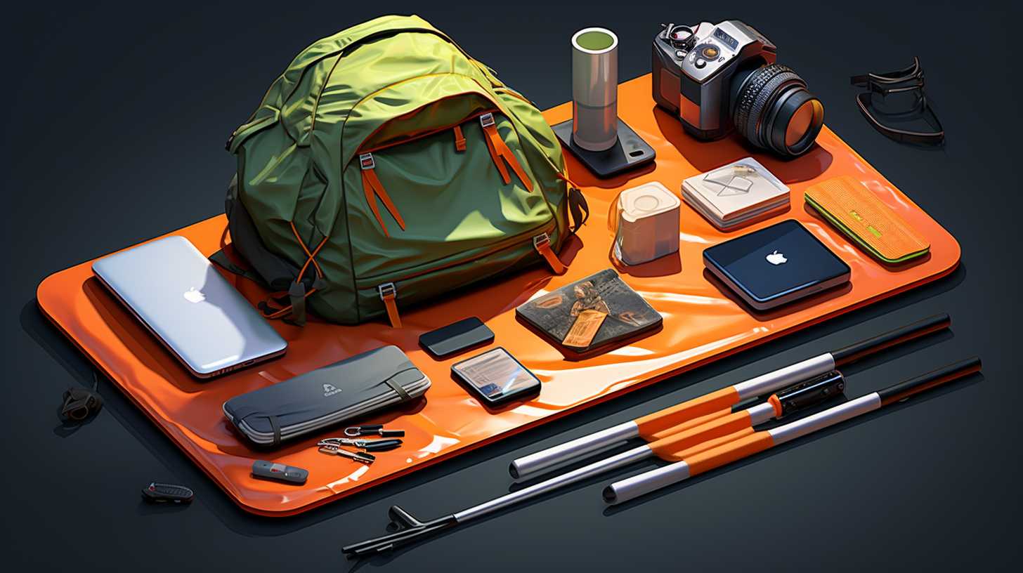 Neatly packed carry-on bag with camping essentials including a tent, sleeping bag, cooking utensils, stove, multi-tool, headlamp, and hammock.