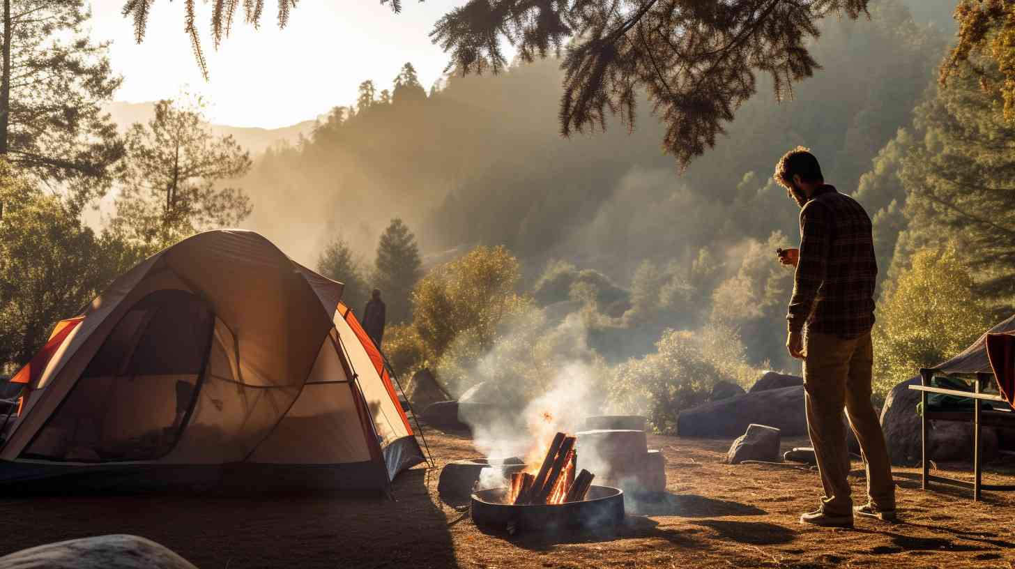 A serene California campground scene with a hiker confidently navigating a trail using non-lethal self-defense tools like pepper spray, a hiking stick, and a whistle, highlighting alternatives to firearms for camping safety.