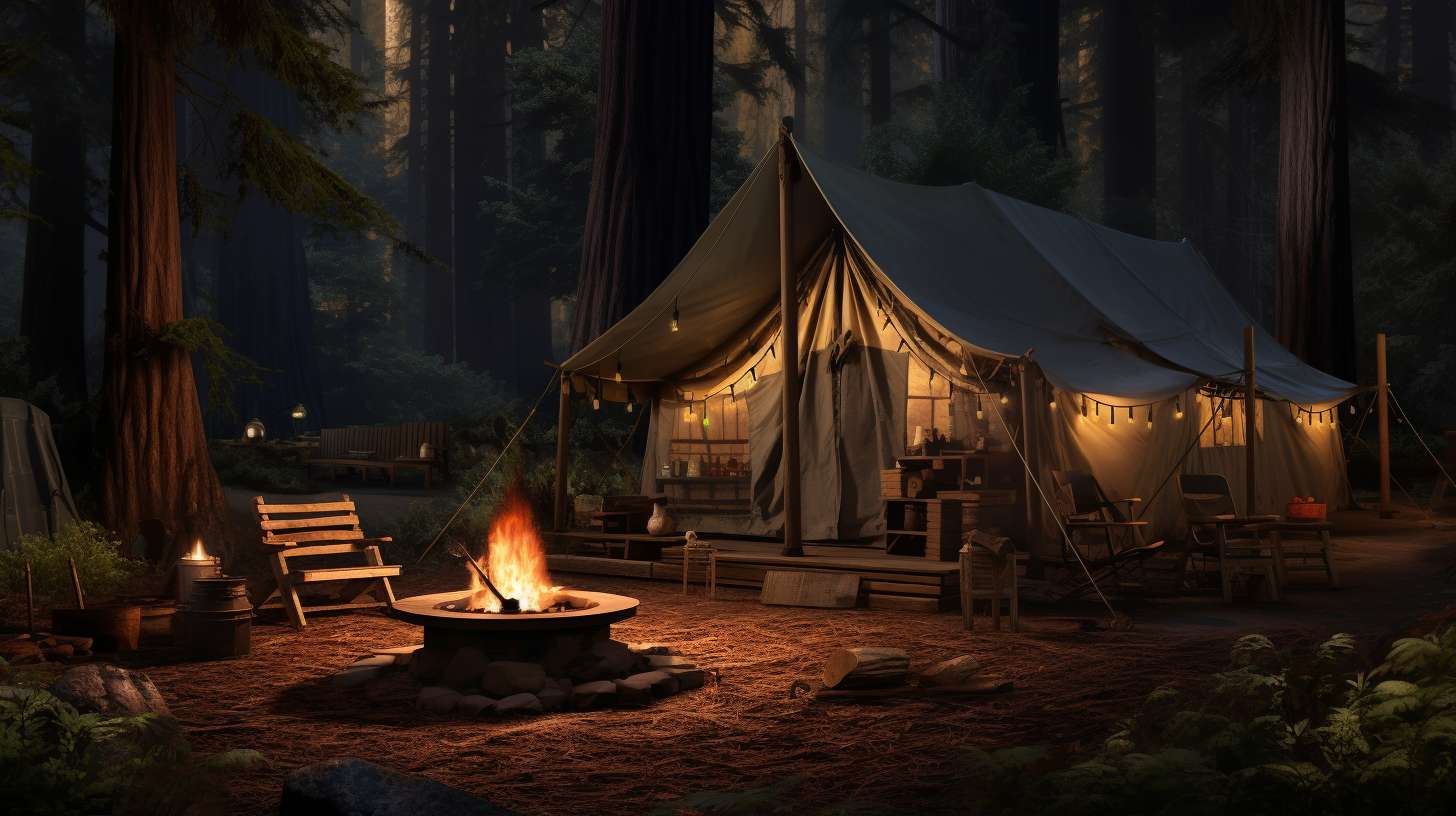 A serene California campground at twilight with a rustic tent nestled amidst towering redwoods. A dimly lit campfire casts a warm glow, while a locked gun case discreetly rests nearby.