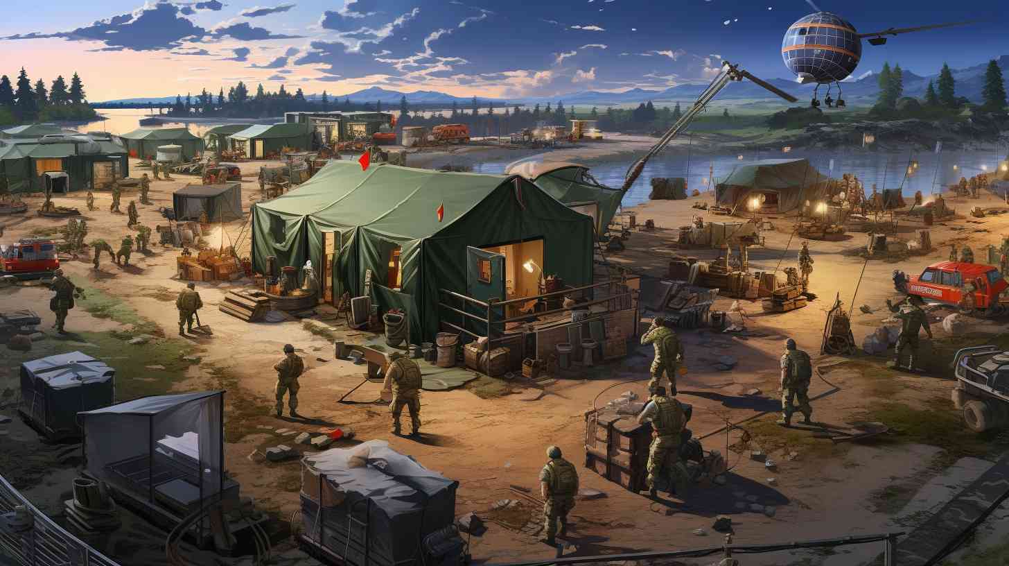 Soldiers engaged in various activities in a bustling army camp, with construction workers upgrading facilities in the background.