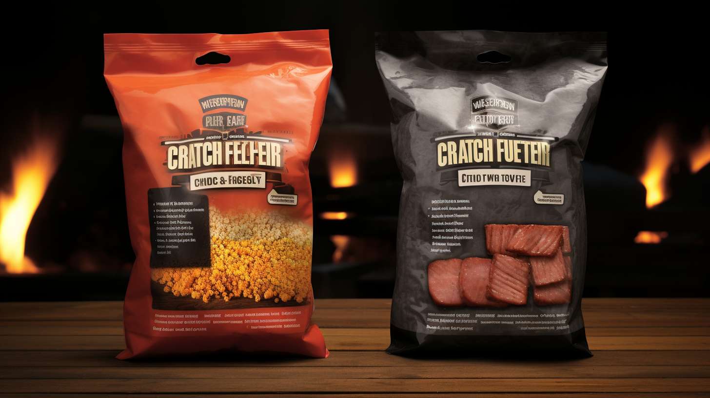 Side-by-side comparison of Camp Chef and Traeger pellets, showcasing distinct packaging, price tags, and store shelves to illustrate cost and availability considerations for using Camp Chef pellets in a Traeger.