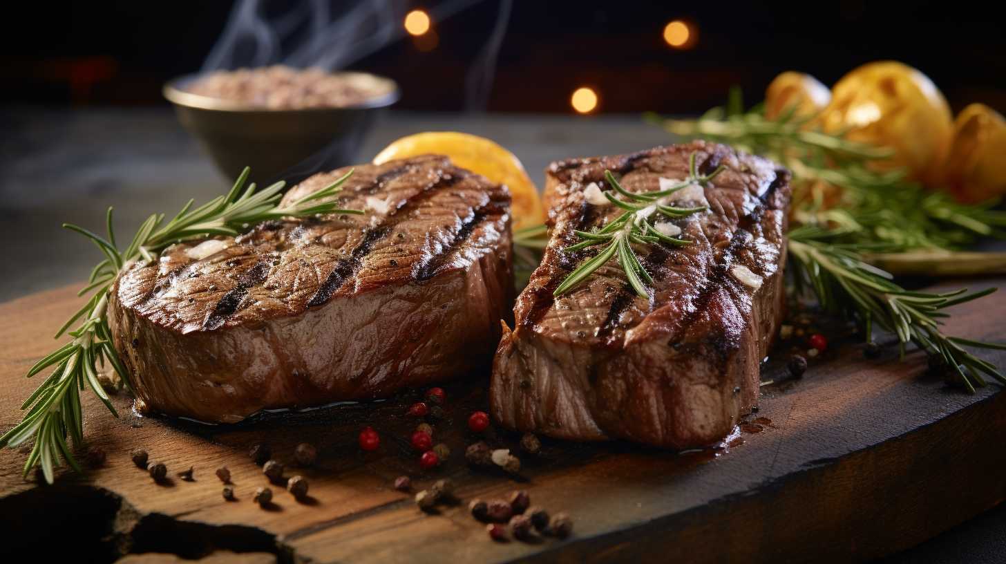 Two mouthwatering grilled steaks side by side, one cooked on a Traeger using Camp Chef pellets and the other on a traditional grill. The Traeger-cooked steak is showcased with superior taste and aroma.