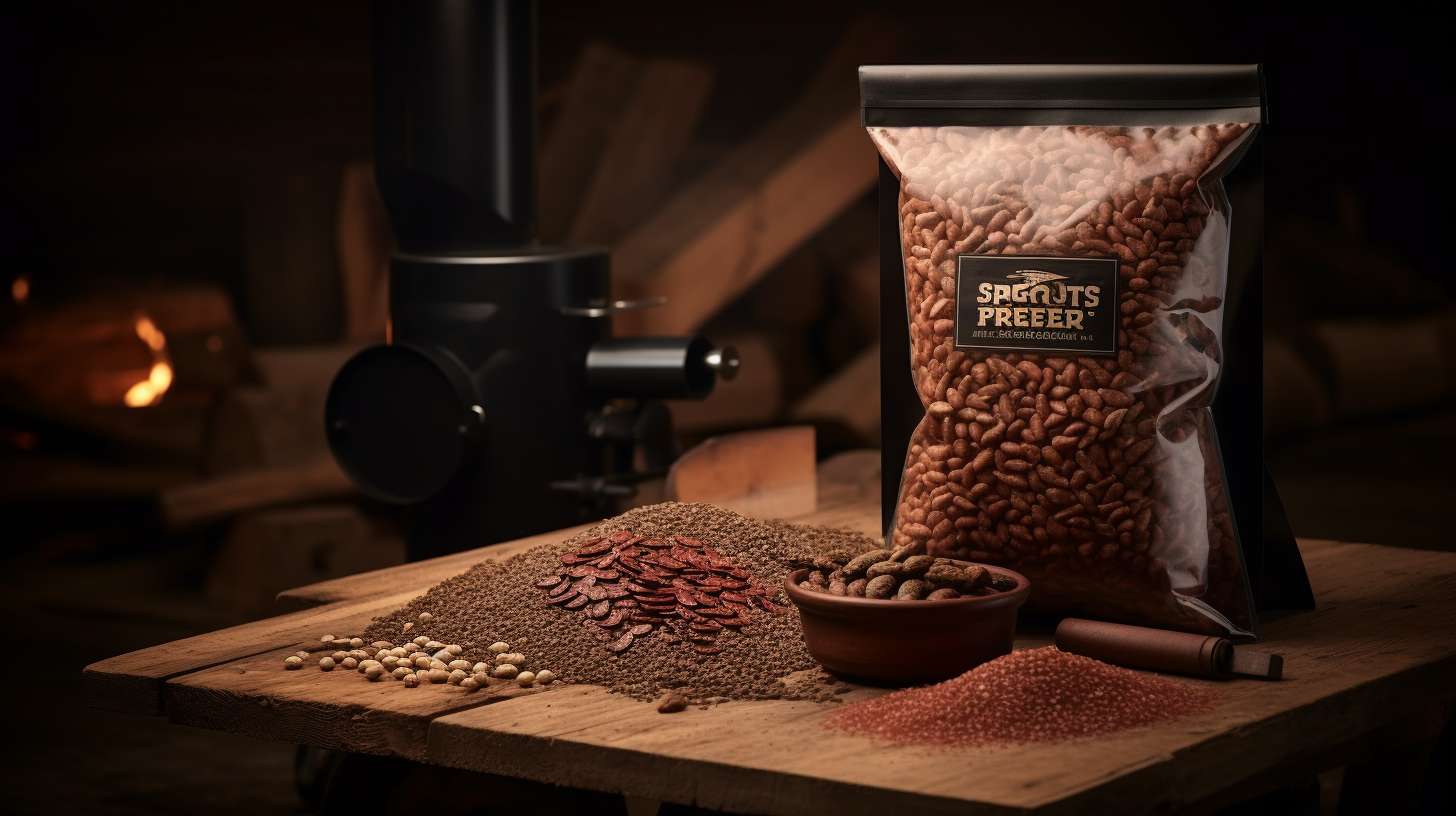 A Traeger grill with a Camp Chef Pellet bag nearby, showing the pellets pouring into the grills hopper.