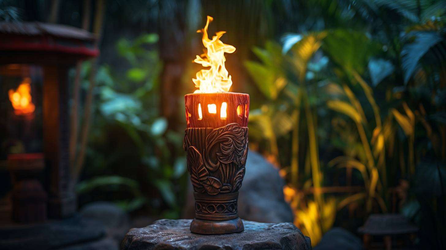 A serene backyard scene with a tiki torch emitting a vibrant flame fueled by camp fuel, highlighting the contrasting ambiance and potential dangers.