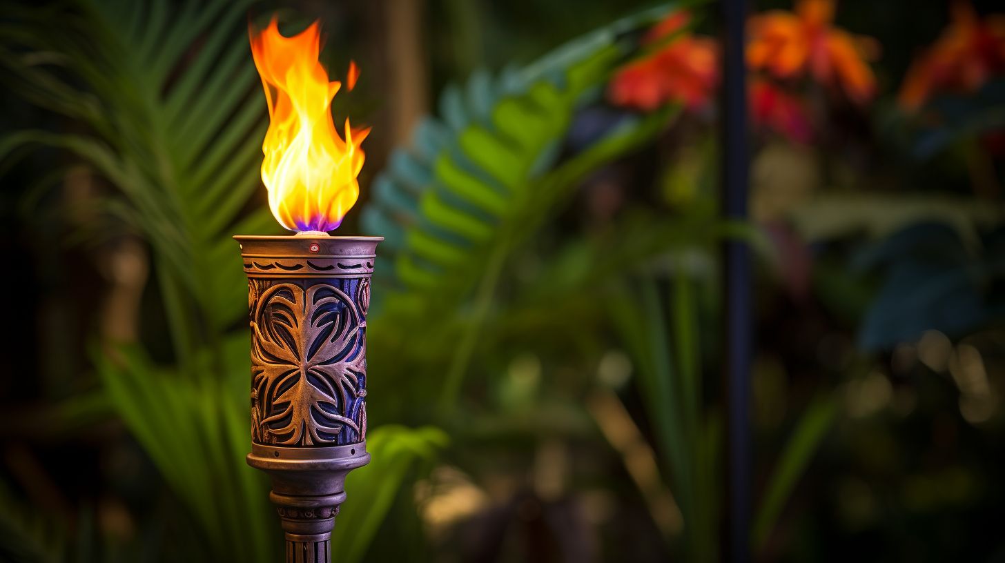 Close-up view of a vibrant, tropical-themed Tiki torch elegantly burning with a mesmerizing flame, fueled by a canister of camp fuel, emitting a warm, inviting glow against a lush outdoor backdrop.