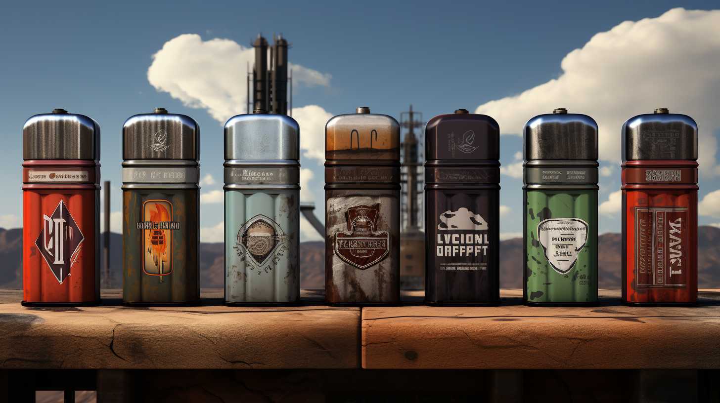 Zippo lighter surrounded by a variety of camp fuel canisters, showcasing their distinct labels and designs.