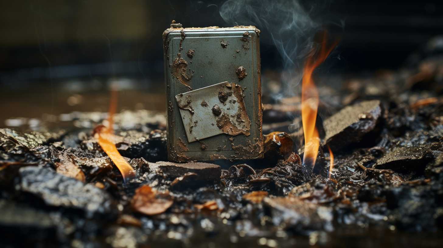 A corroded Zippo lighter submerged in a puddle of corroded metal, surrounded by discolored camp fuel cans. The once shiny surface of the Zippo is now tarnished and eroded, depicting the potential damage caused by using camp fuel.