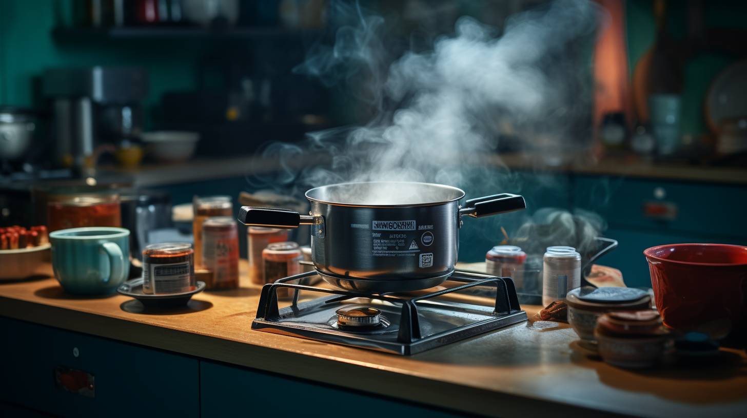 A dimly lit room with a camping cooker placed on a kitchen countertop, filled with thick smoke, highlighting the potential risks of indoor use.